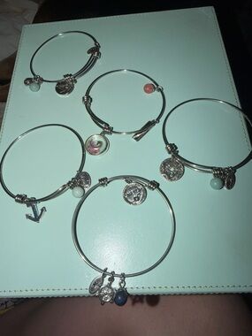 Set of 5 Silver Charm Bangle Beaded Bracelets with Mint and Pink Accents